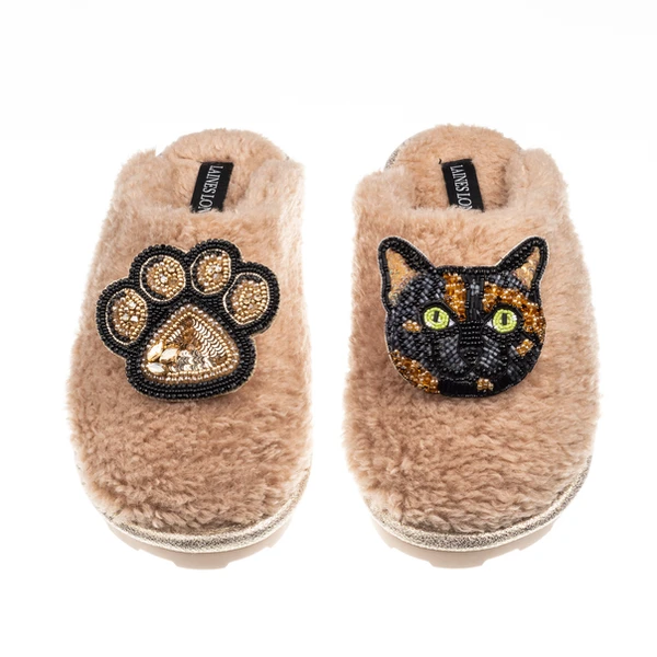 Laines London Teddy Closed Toe Slippers With Misty Cat & Paw Brooches
