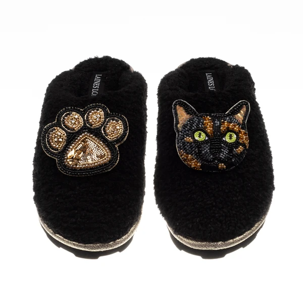 laines london Teddy Closed Toe Slippers With Misty Cat & Paw Brooches