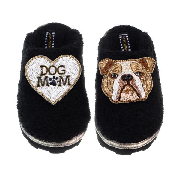 Laines London Teddy Closed Toe Slippers With Mr Beefy & Dog Mum / Mom Brooches