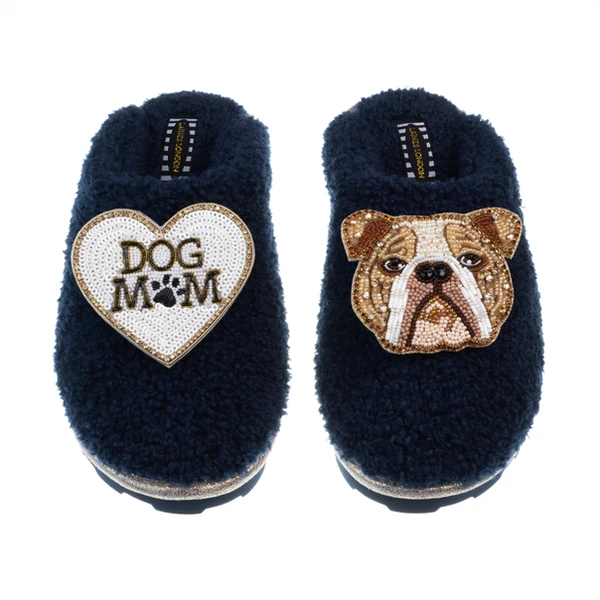 Laines London Teddy Closed Toe Slippers With Mr Beefy & Dog Mum / Mom Brooches