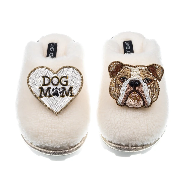 Laines London Teddy Closed Toe Slippers With Mr Beefy & Dog Mum / Mom Brooches