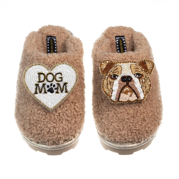laines london Teddy Closed Toe Slippers With Mr Beefy & Dog Mum / Mom Brooches