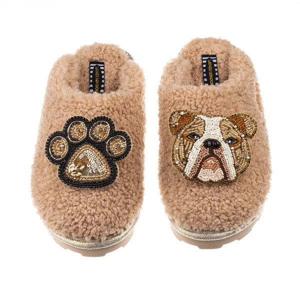 Laines London Teddy Closed Toe Slippers With Mr Beefy & Paw Brooches