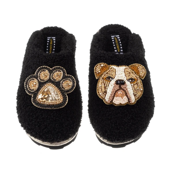 Laines London Teddy Closed Toe Slippers With Mr Beefy & Paw Brooches