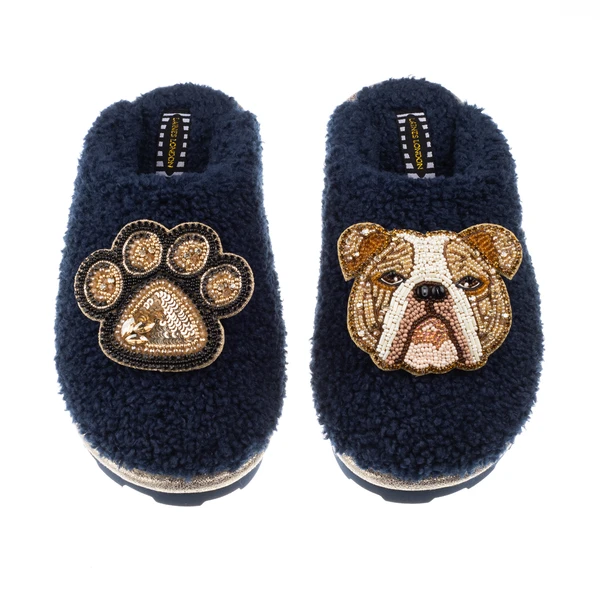 Laines London Teddy Closed Toe Slippers With Mr Beefy & Paw Brooches