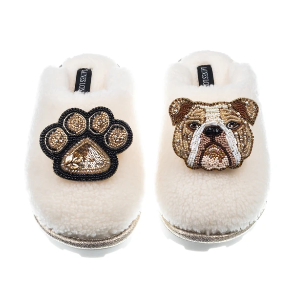laines london Teddy Closed Toe Slippers With Mr Beefy & Paw Brooches