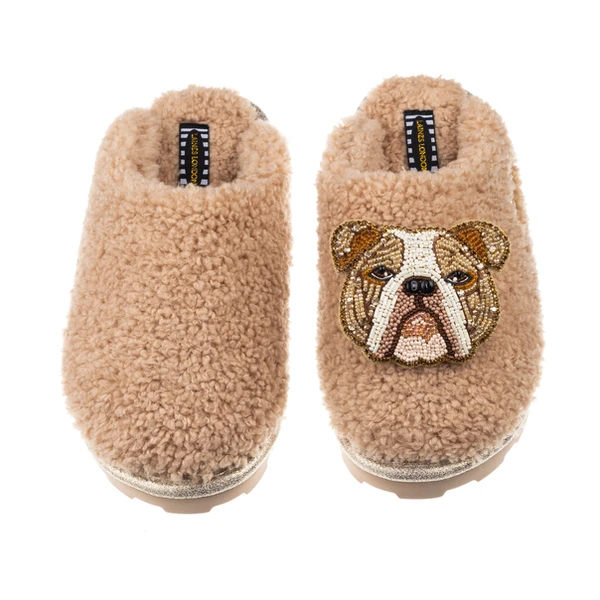 Laines London Teddy Closed Toe Slippers With Mr Beefy The Bulldog Brooch