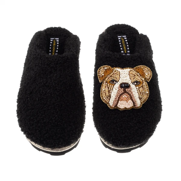 Laines London Teddy Closed Toe Slippers With Mr Beefy The Bulldog Brooch