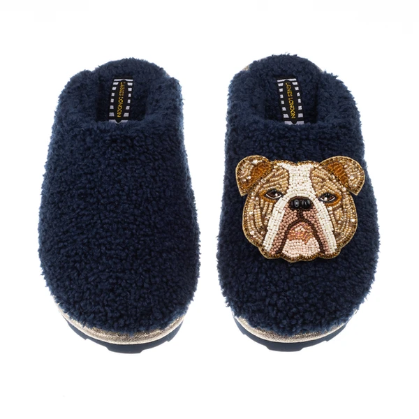 laines london Teddy Closed Toe Slippers With Mr Beefy The Bulldog Brooch