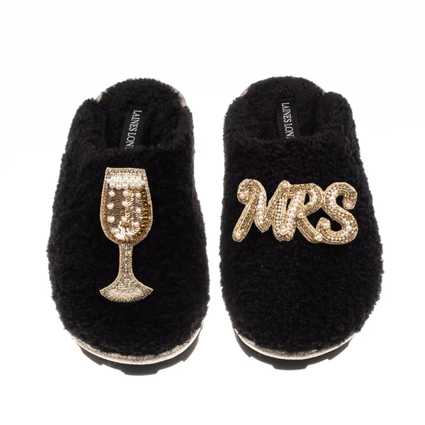 Laines London Teddy Closed Toe Slippers With Mrs & Champers Brooches