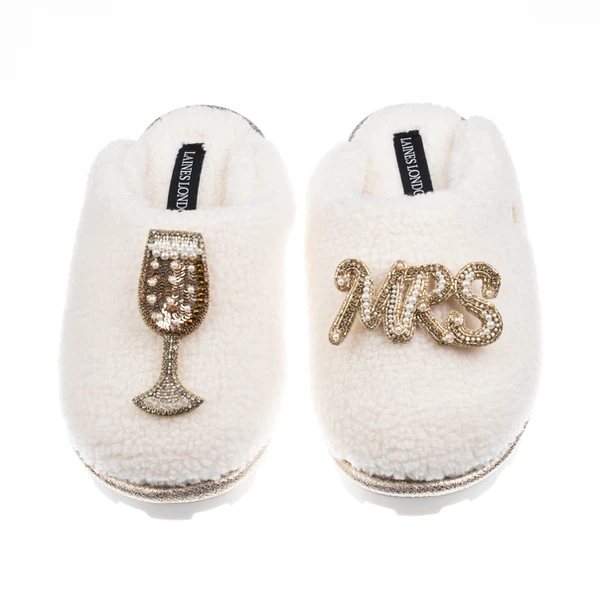 laines london Teddy Closed Toe Slippers With Mrs & Champers Brooches