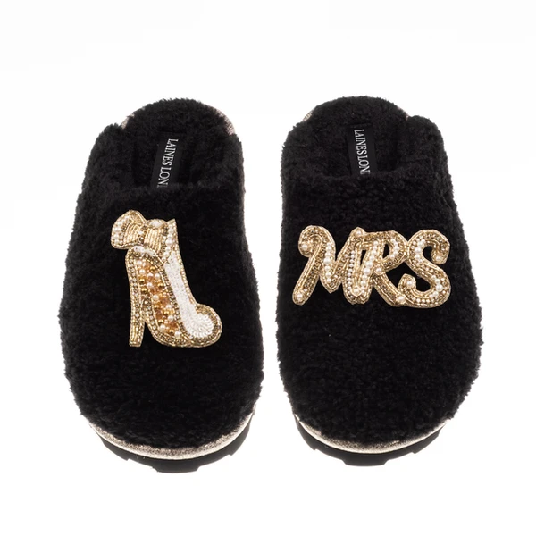 Laines London Teddy Closed Toe Slippers With Mrs & Heel Brooches