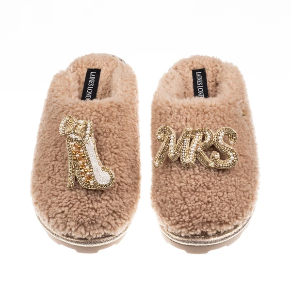 Laines London Teddy Closed Toe Slippers With Mrs & Heel Brooches