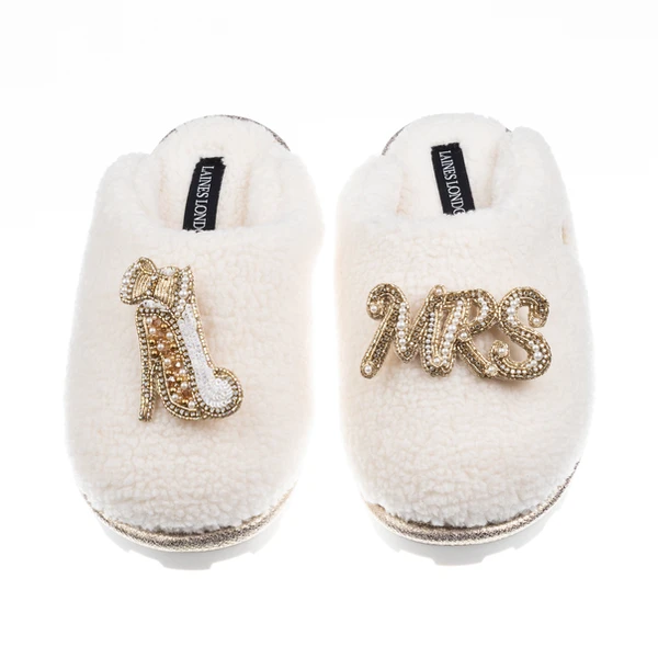 laines london Teddy Closed Toe Slippers With Mrs & Heel Brooches