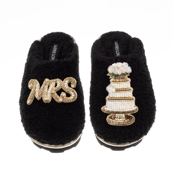 Laines London Teddy Closed Toe Slippers With Mrs & Wedding Cake Brooches