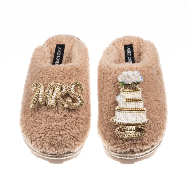 Laines London Teddy Closed Toe Slippers With Mrs & Wedding Cake Brooches