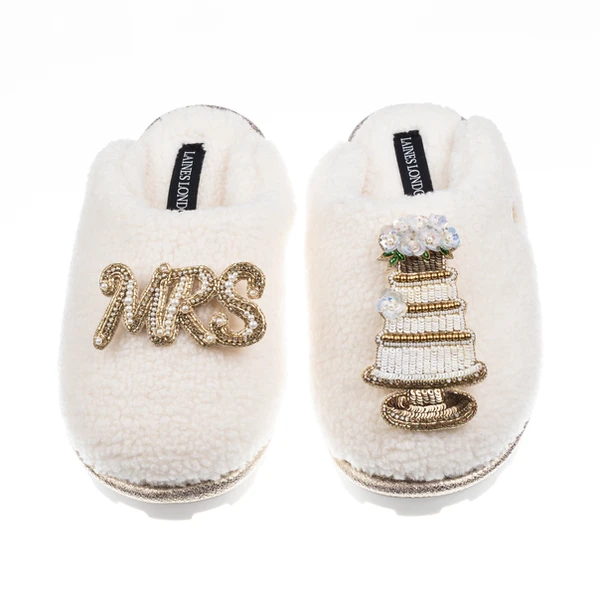 Laines London Teddy Closed Toe Slippers With Mrs & Wedding Cake Brooches