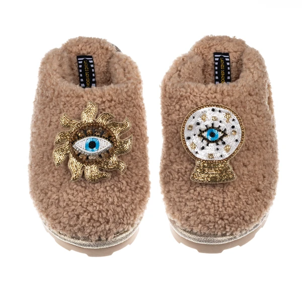 Laines London Teddy Closed Toe Slippers With Mystic Eye Brooches