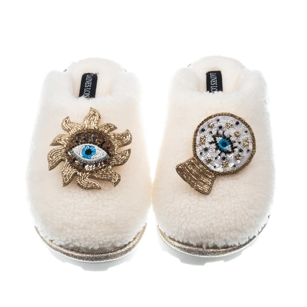 Laines London Teddy Closed Toe Slippers With Mystic Eye Brooches