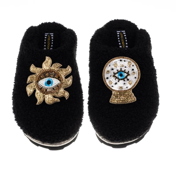 laines london Teddy Closed Toe Slippers With Mystic Eye Brooches