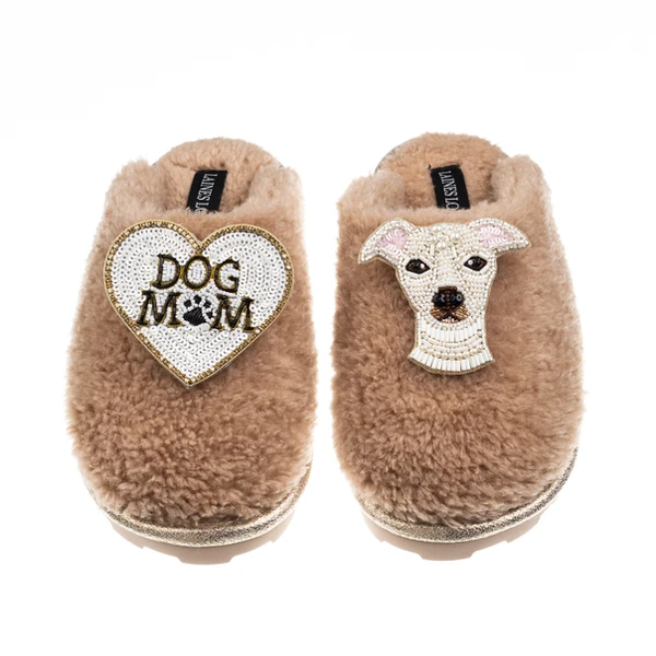 Laines London Teddy Closed Toe Slippers With Olive The Iggy & Dog Mum / Mom Brooches
