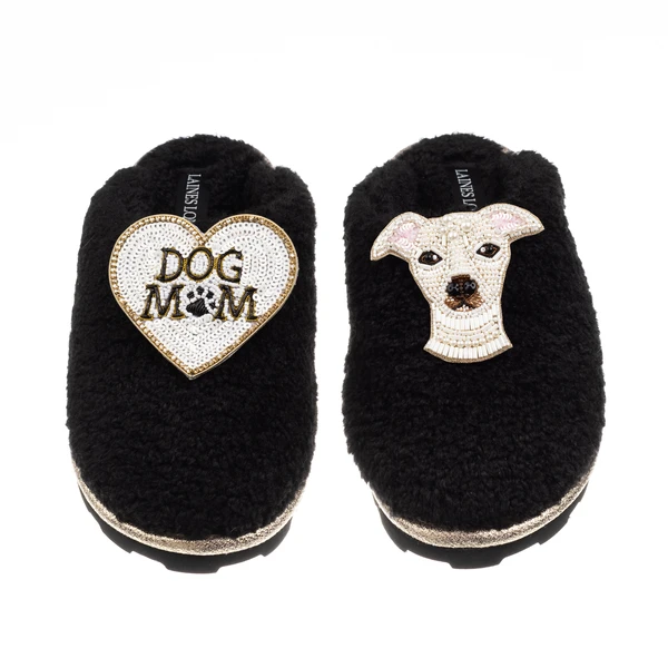 Laines London Teddy Closed Toe Slippers With Olive The Iggy & Dog Mum / Mom Brooches