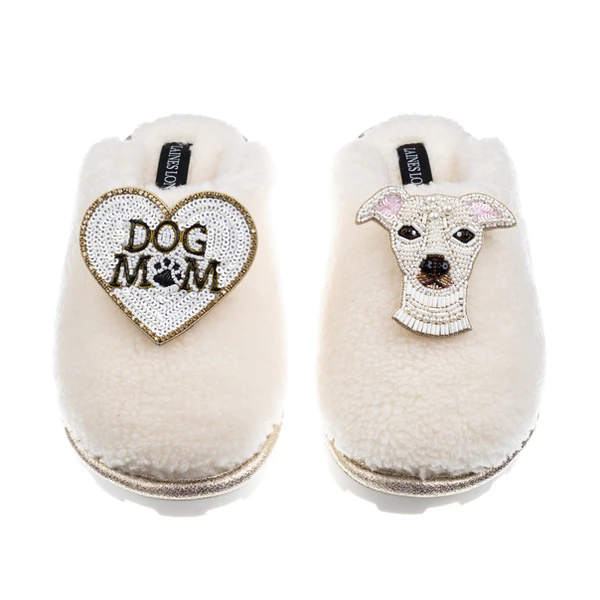 Laines London Teddy Closed Toe Slippers With Olive The Iggy & Dog Mum / Mom Brooches