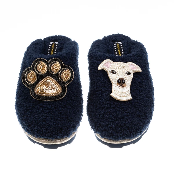 Laines London Teddy Closed Toe Slippers With Olive The Iggy & Paw Brooches