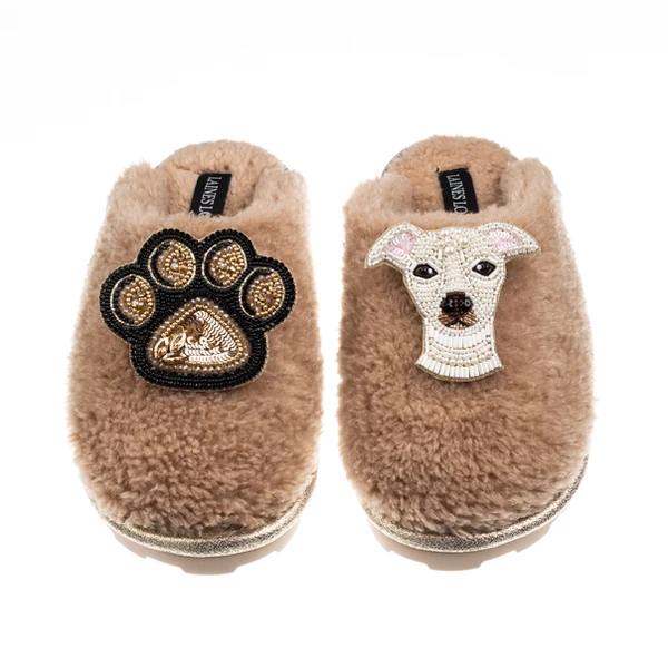 Laines London Teddy Closed Toe Slippers With Olive The Iggy & Paw Brooches