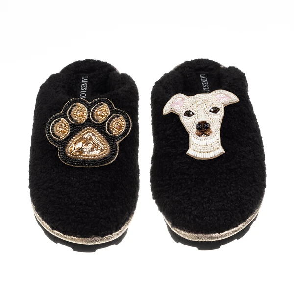 Laines London Teddy Closed Toe Slippers With Olive The Iggy & Paw Brooches