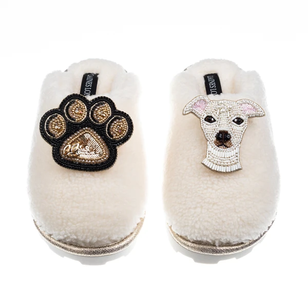 laines london Teddy Closed Toe Slippers With Olive The Iggy & Paw Brooches