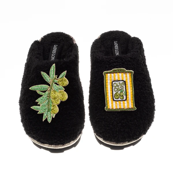 Laines London Teddy Closed Toe Slippers With Olives & Olive Oil Brooches