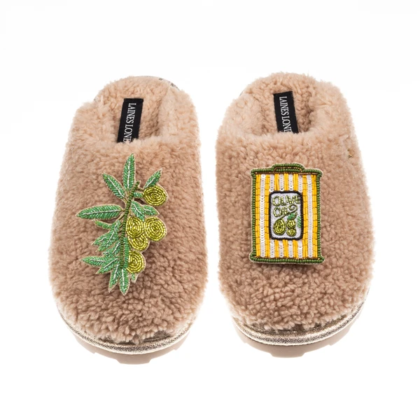 Laines London Teddy Closed Toe Slippers With Olives & Olive Oil Brooches