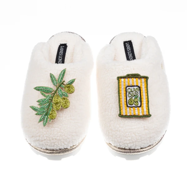 Laines London Teddy Closed Toe Slippers With Olives & Olive Oil Brooches