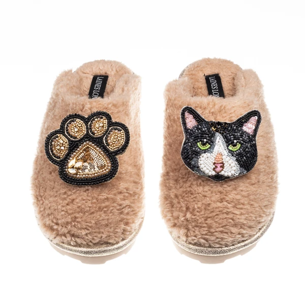 Laines London Teddy Closed Toe Slippers With Oreo Cat & Paw Brooches