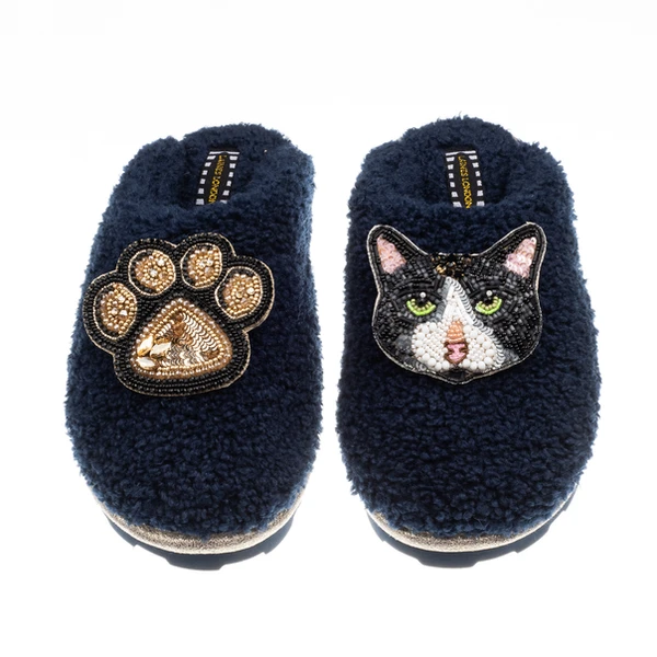 Laines London Teddy Closed Toe Slippers With Oreo Cat & Paw Brooches