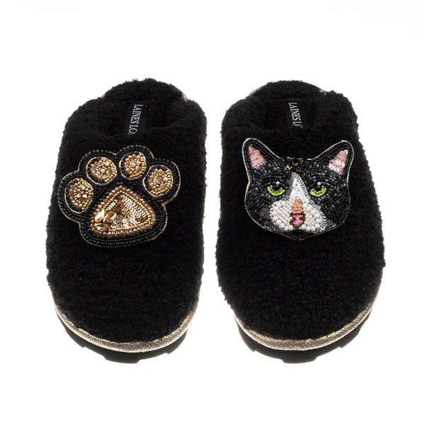 laines london Teddy Closed Toe Slippers With Oreo Cat & Paw Brooches