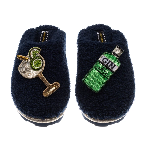 Laines London Teddy Closed Toe Slippers With Original Gin & Glass Brooches