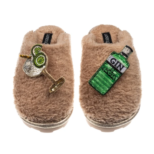 Laines London Teddy Closed Toe Slippers With Original Gin & Glass Brooches