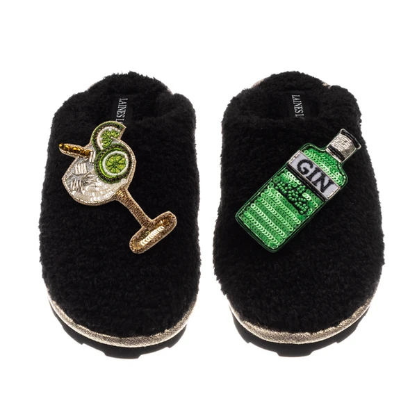 Laines London Teddy Closed Toe Slippers With Original Gin & Glass Brooches