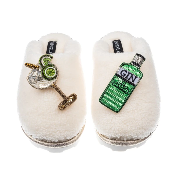laines london Teddy Closed Toe Slippers With Original Gin & Glass Brooches