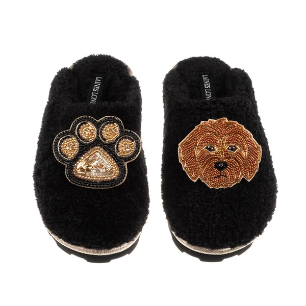 Laines London Teddy Closed Toe Slippers With Paw & Apricot Cockapoo Brooches