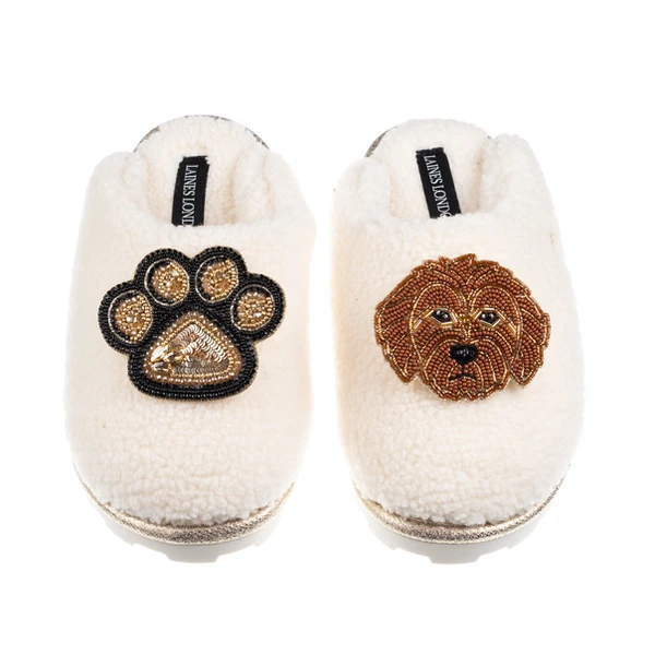 Laines London Teddy Closed Toe Slippers With Paw & Apricot Cockapoo Brooches