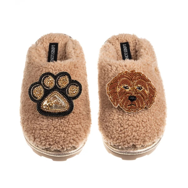 Laines London Teddy Closed Toe Slippers With Paw & Apricot Cockapoo Brooches