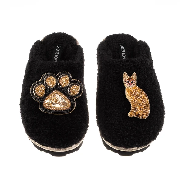 laines london Teddy Closed Toe Slippers With Paw & Bengal Cat Brooches