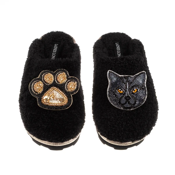 Laines London Teddy Closed Toe Slippers With Paw & Black British Shorthair Cat Brooches