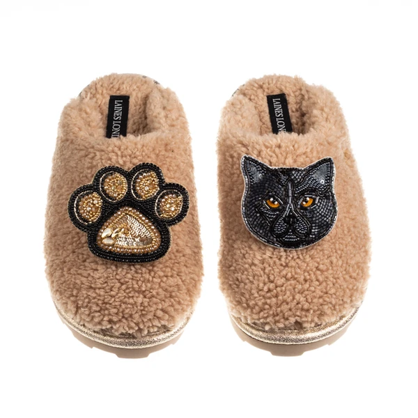 Laines London Teddy Closed Toe Slippers With Paw & Black British Shorthair Cat Brooches