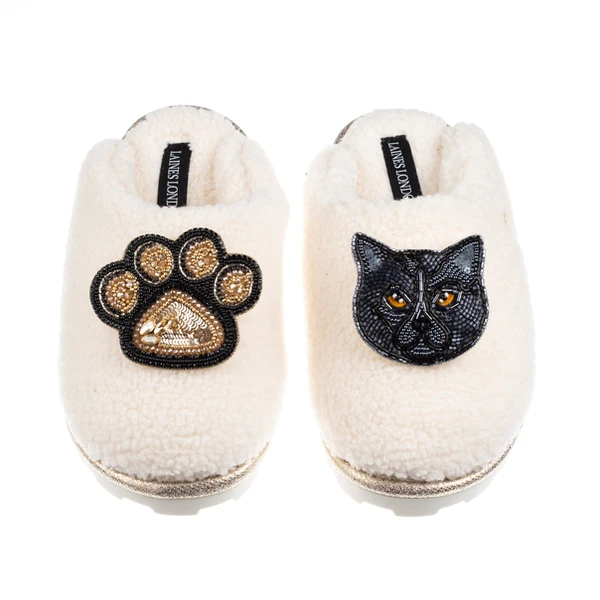 Laines London Teddy Closed Toe Slippers With Paw & Black British Shorthair Cat Brooches