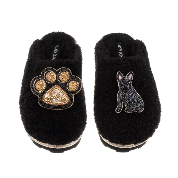 Laines London Teddy Closed Toe Slippers With Paw & Black Sitting French Bulldog Brooches