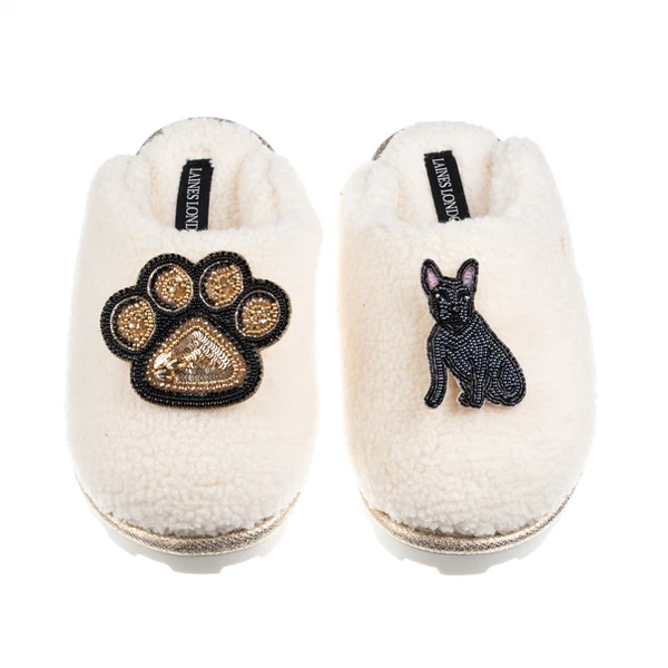 Laines London Teddy Closed Toe Slippers With Paw & Black Sitting French Bulldog Brooches